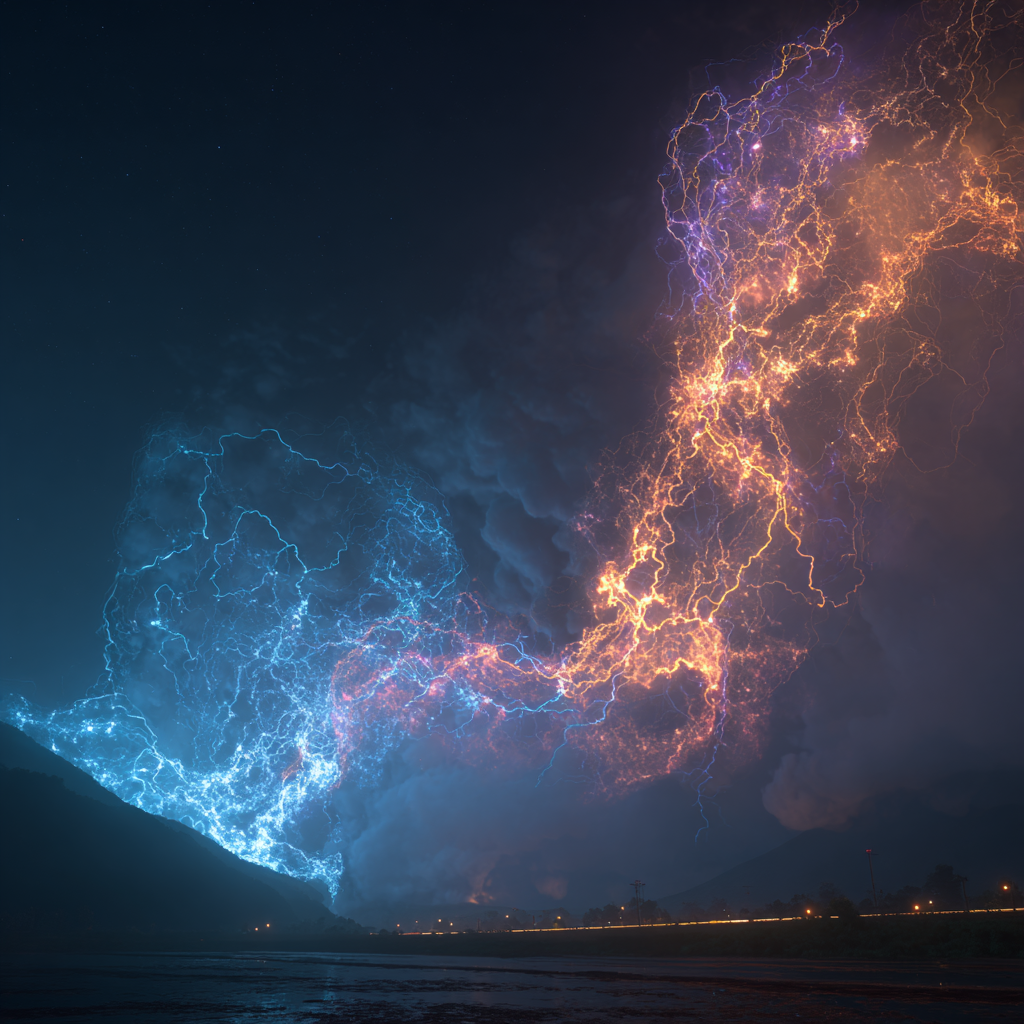 Représentation visuelle du phénomène atmosphérique sprite : décharge ramifiée rouge-orange et bleue au-dessus d'un horizon nocturne