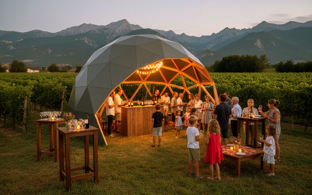 Un dôme géodésique en bois monté dans les vignes, éclairé au crépuscule